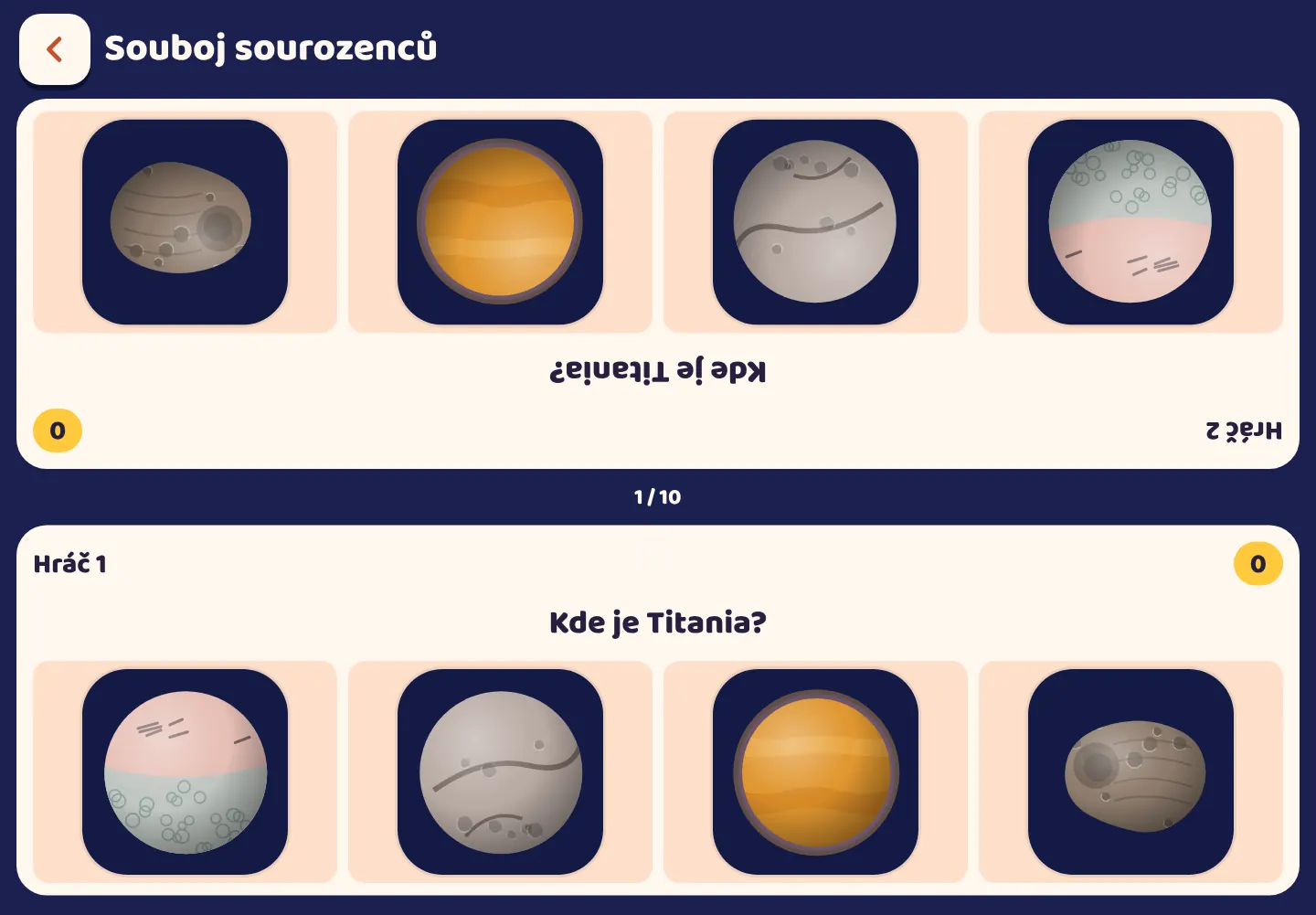 Snímek obrazovky aplikace Space Wiki: Dva hráči, jeden tablet