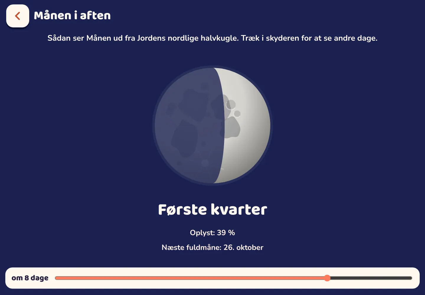 Skærmbillede fra Space Wiki-appen: Sådan ser Månen ud i aften