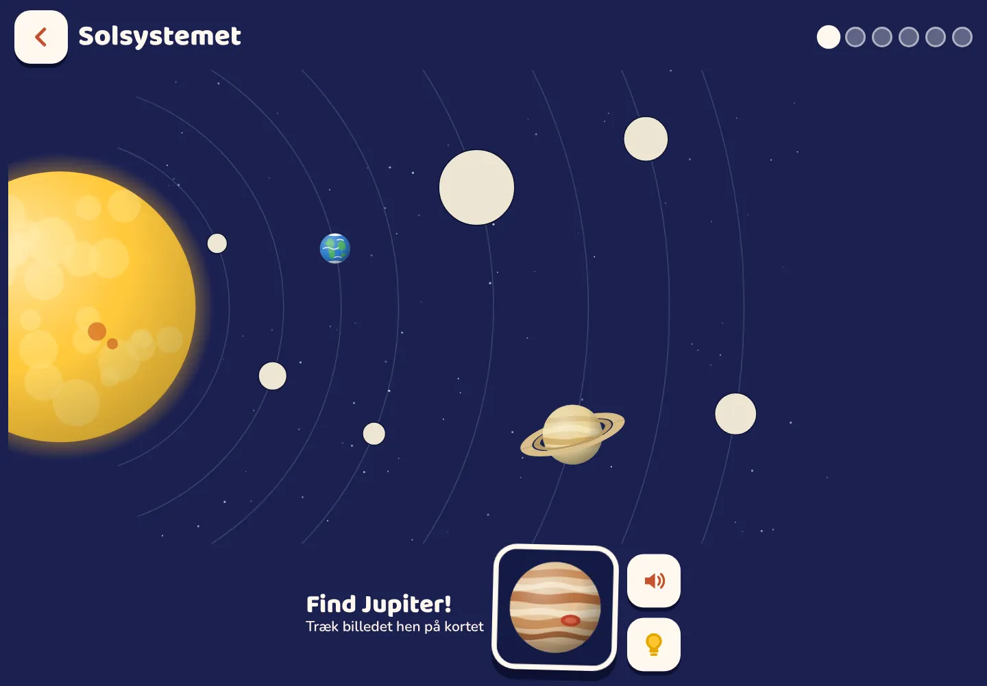 Space Wiki-appen: kortet over solsystemet, halvt udfyldt, med Jupiter, der venter på at blive trukket på plads.