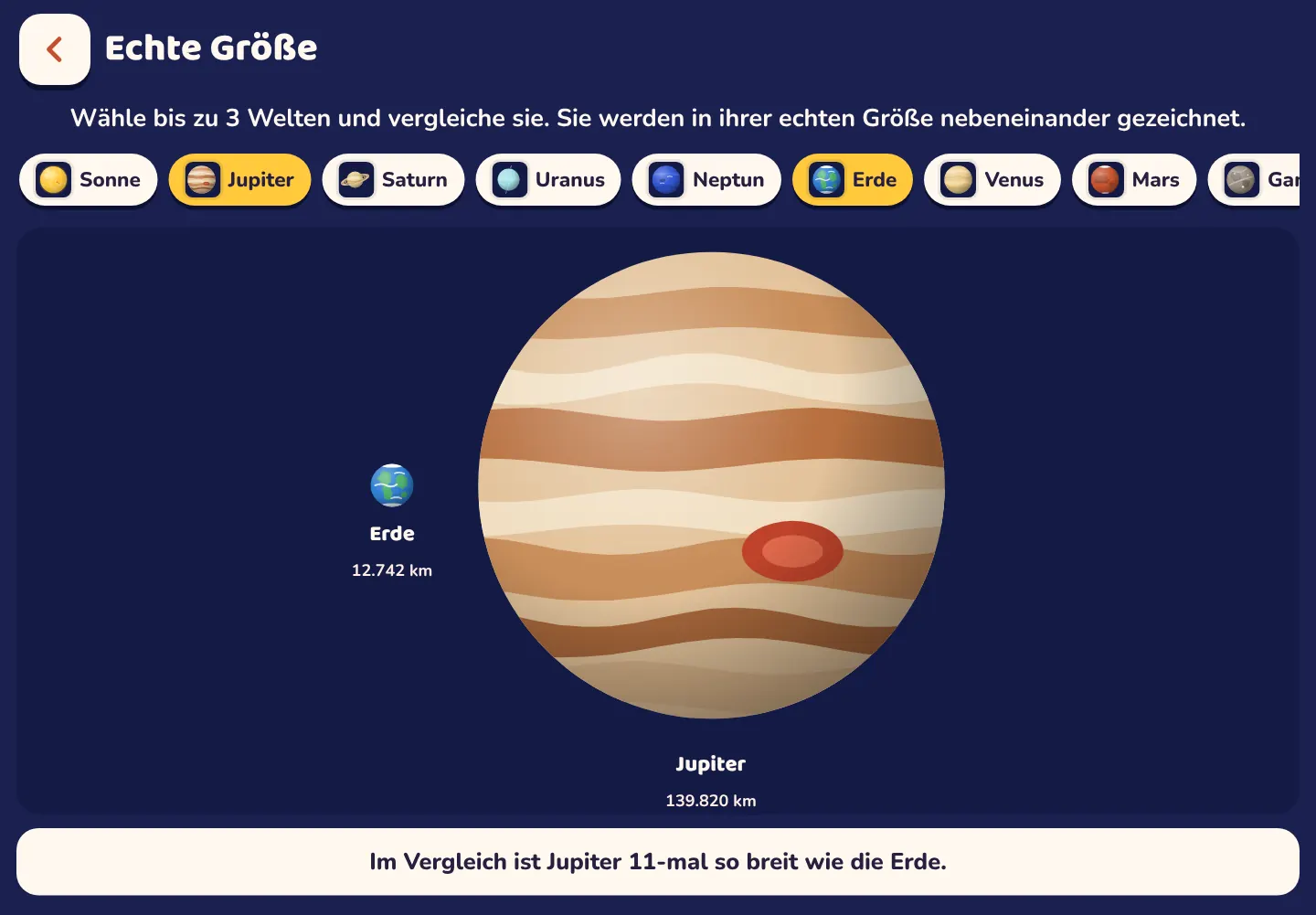 Bildschirmfoto der App Space Wiki: Jupiter ist 11-mal so breit wie die Erde