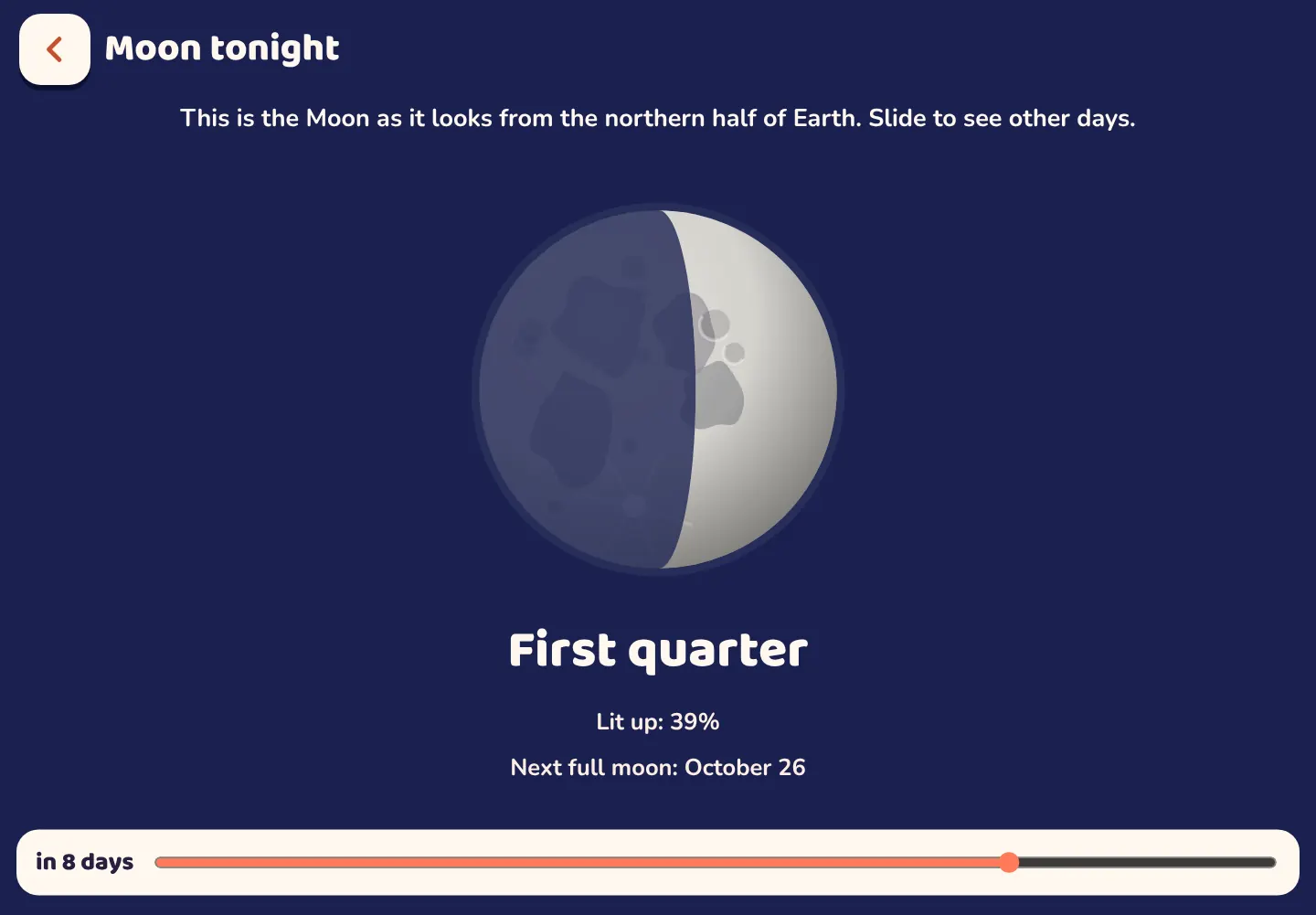 Screenshot of the Space Wiki app: What the Moon looks like tonight