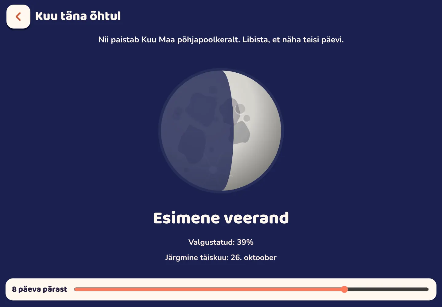 Kuvatõmmis Space Wiki äpist: Milline näeb Kuu täna õhtul välja