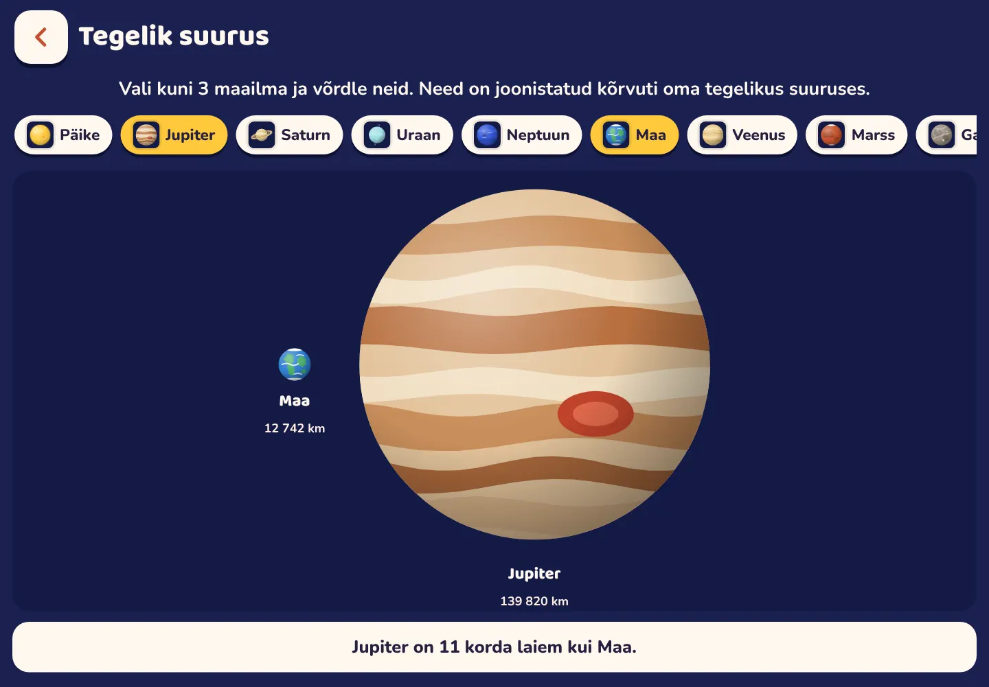 Kuvatõmmis Space Wiki äpist: Jupiter on 11 korda laiem kui Maa