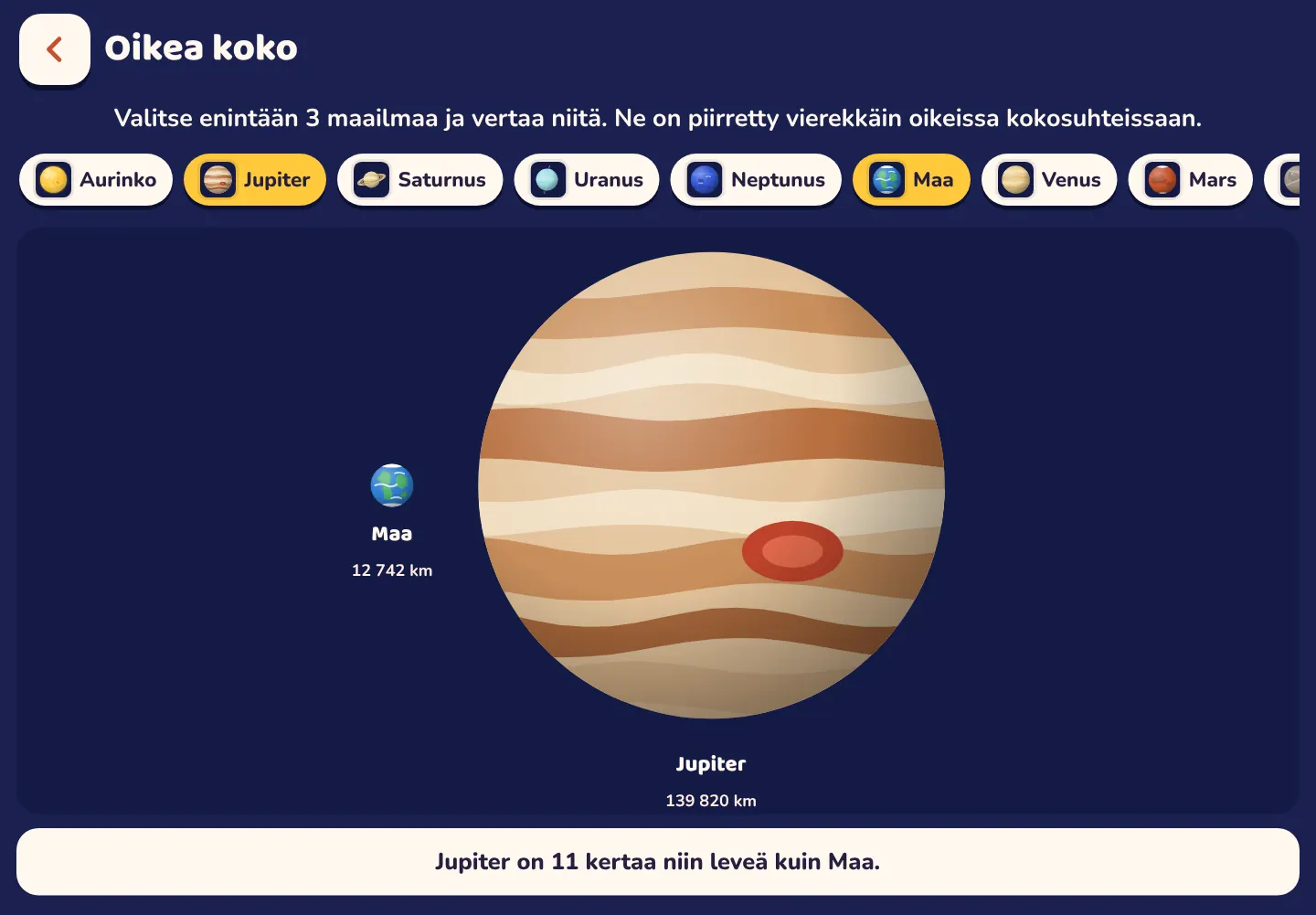 Kuvakaappaus Space Wiki -sovelluksesta: Jupiter on 11 kertaa niin leveä kuin Maa