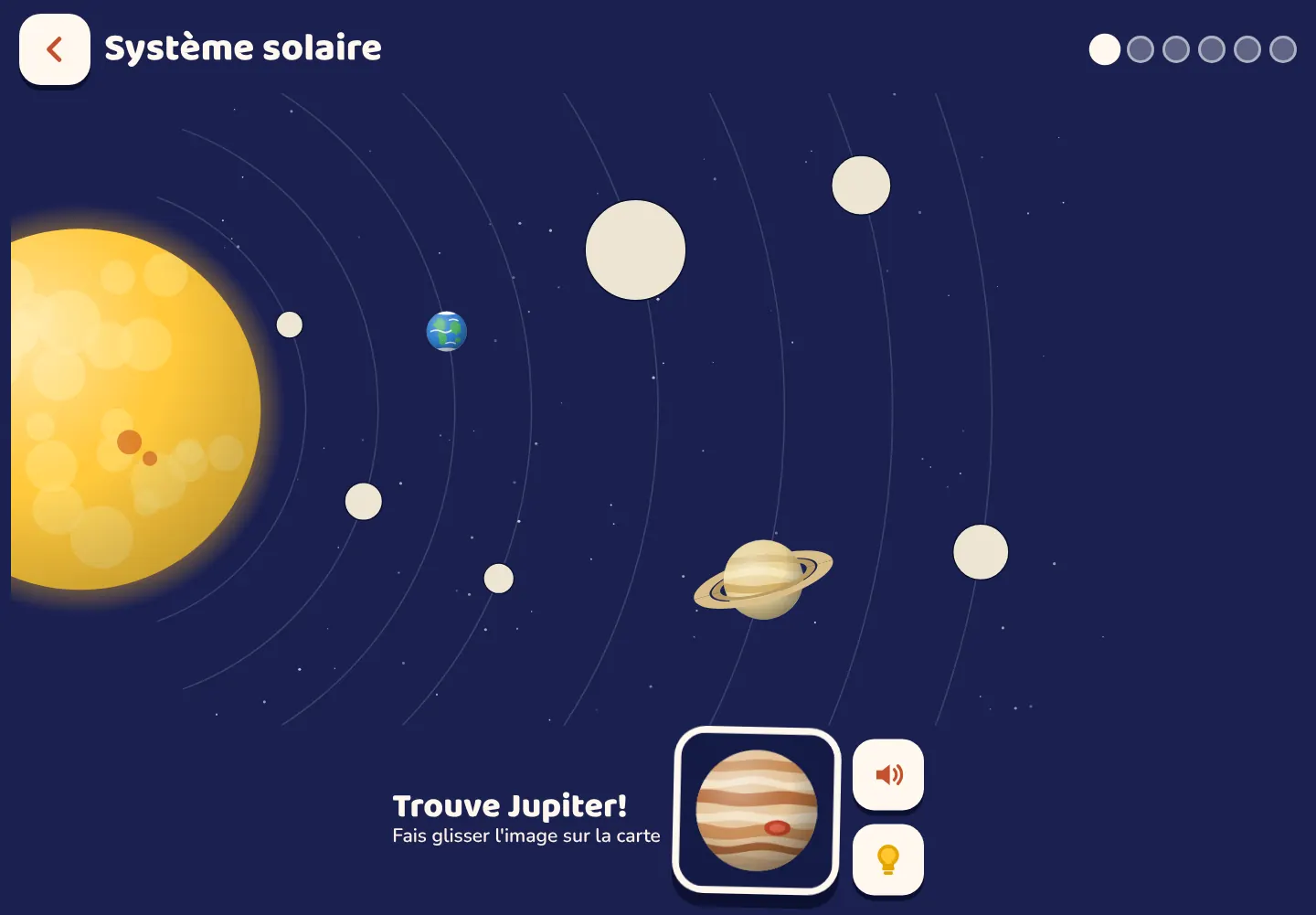 L'appli Space Wiki : la carte du Système solaire à moitié remplie, avec Jupiter en attente d'être déplacé.