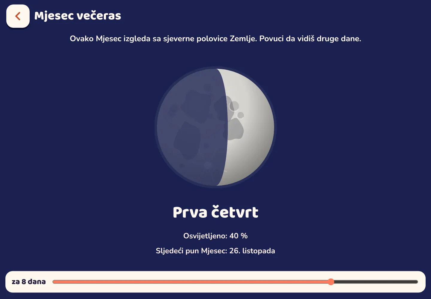 Snimka zaslona aplikacije Space Wiki: Kako Mjesec izgleda večeras