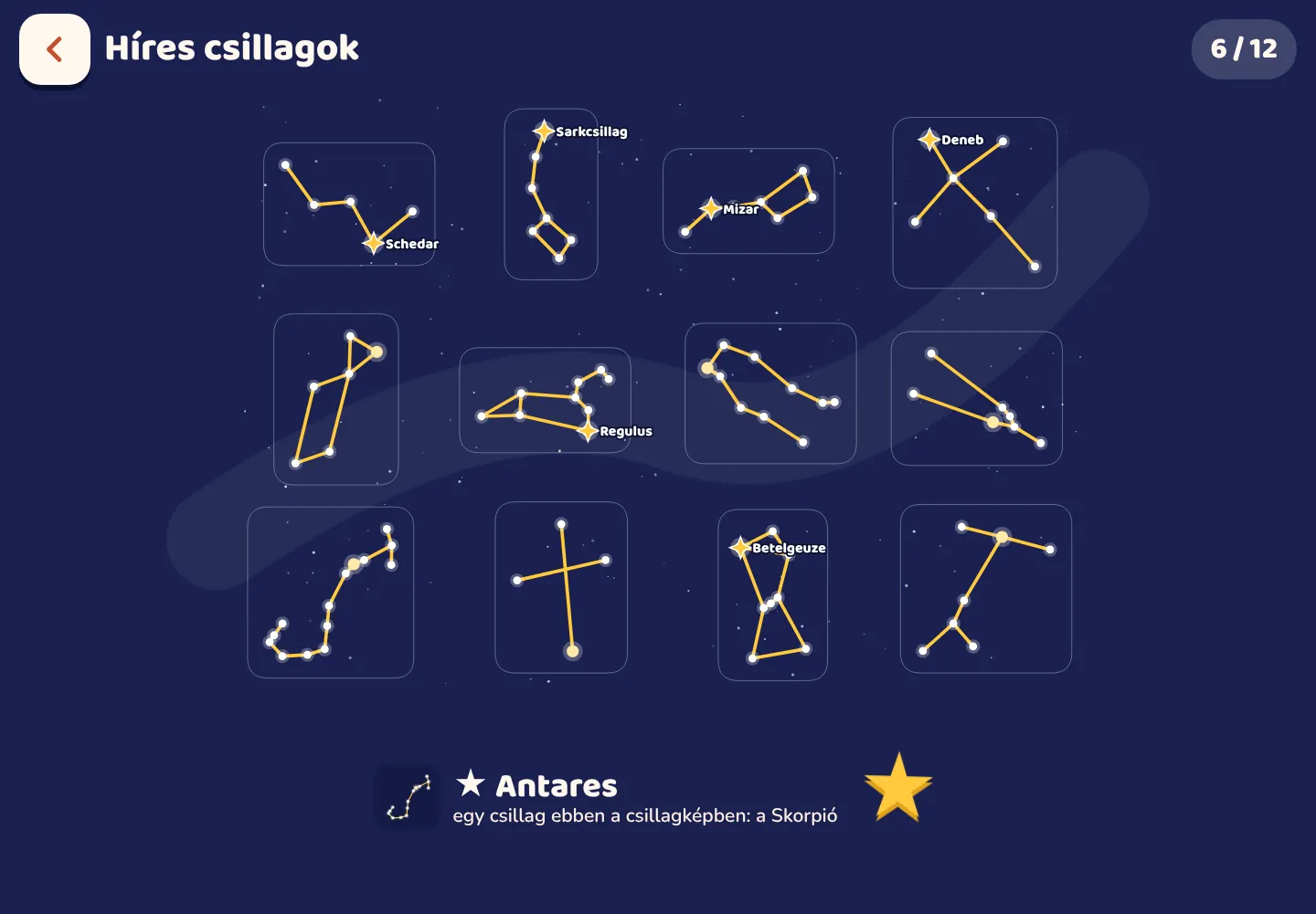 Képernyőkép a Space Wiki alkalmazásból: Keresd meg a híres csillagokat