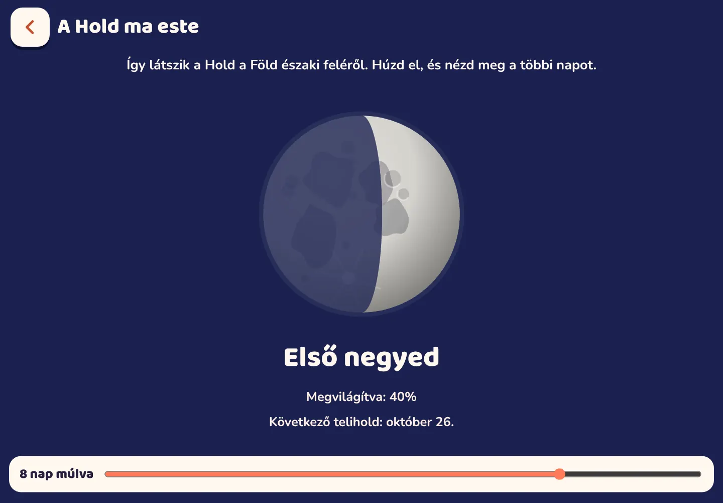 Képernyőkép a Space Wiki alkalmazásból: Milyen ma este a Hold