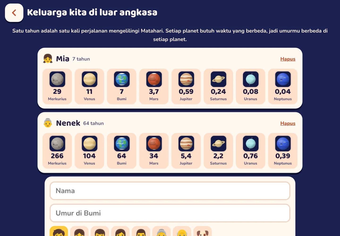 Tangkapan layar aplikasi Space Wiki: Berapa umurmu di Mars?