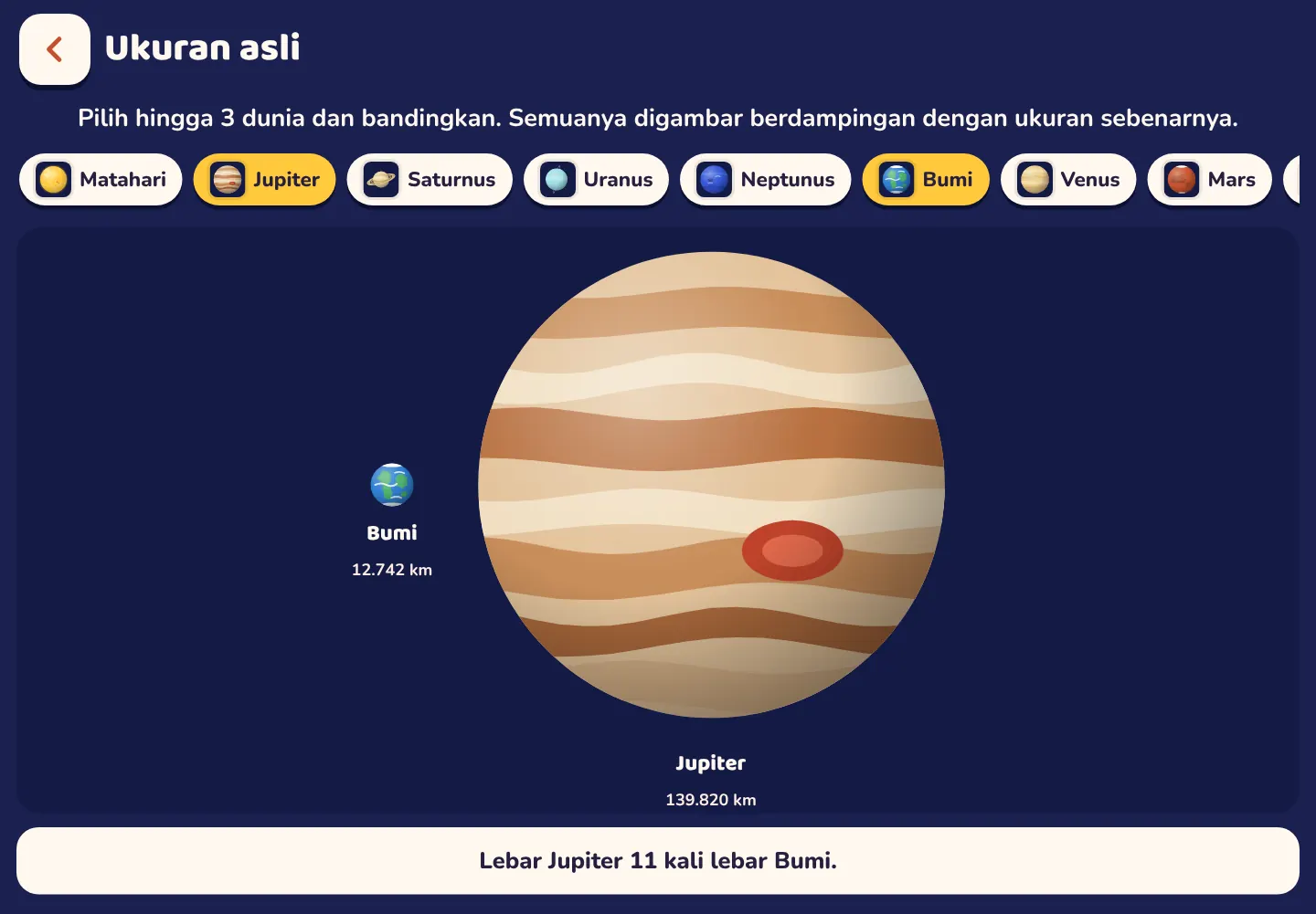 Tangkapan layar aplikasi Space Wiki: Lebar Jupiter 11 kali lebar Bumi