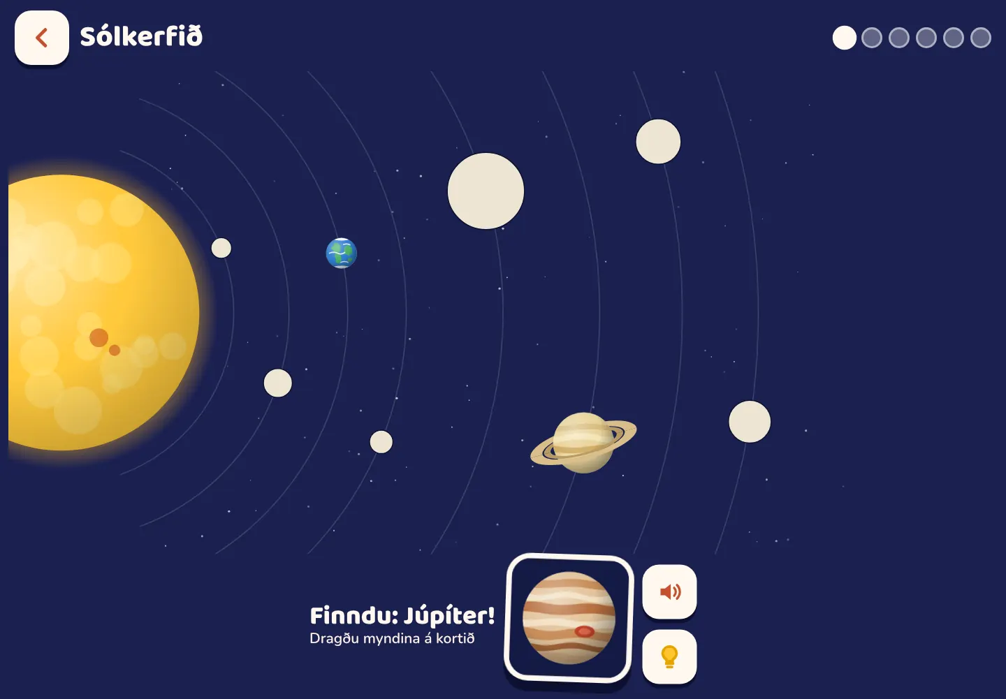 Space Wiki appið: kortið af sólkerfinu, hálfklárað, og Júpíter bíður eftir að vera dreginn á sinn stað.