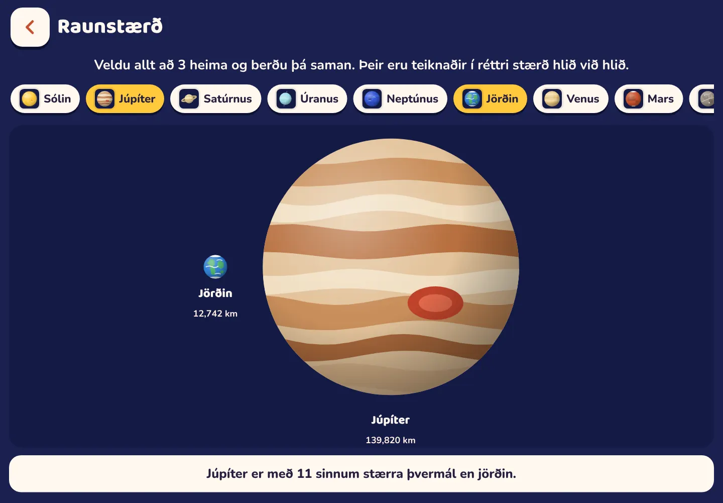 Skjámynd úr Space Wiki appinu: Júpíter er 11 sinnum breiðari en jörðin