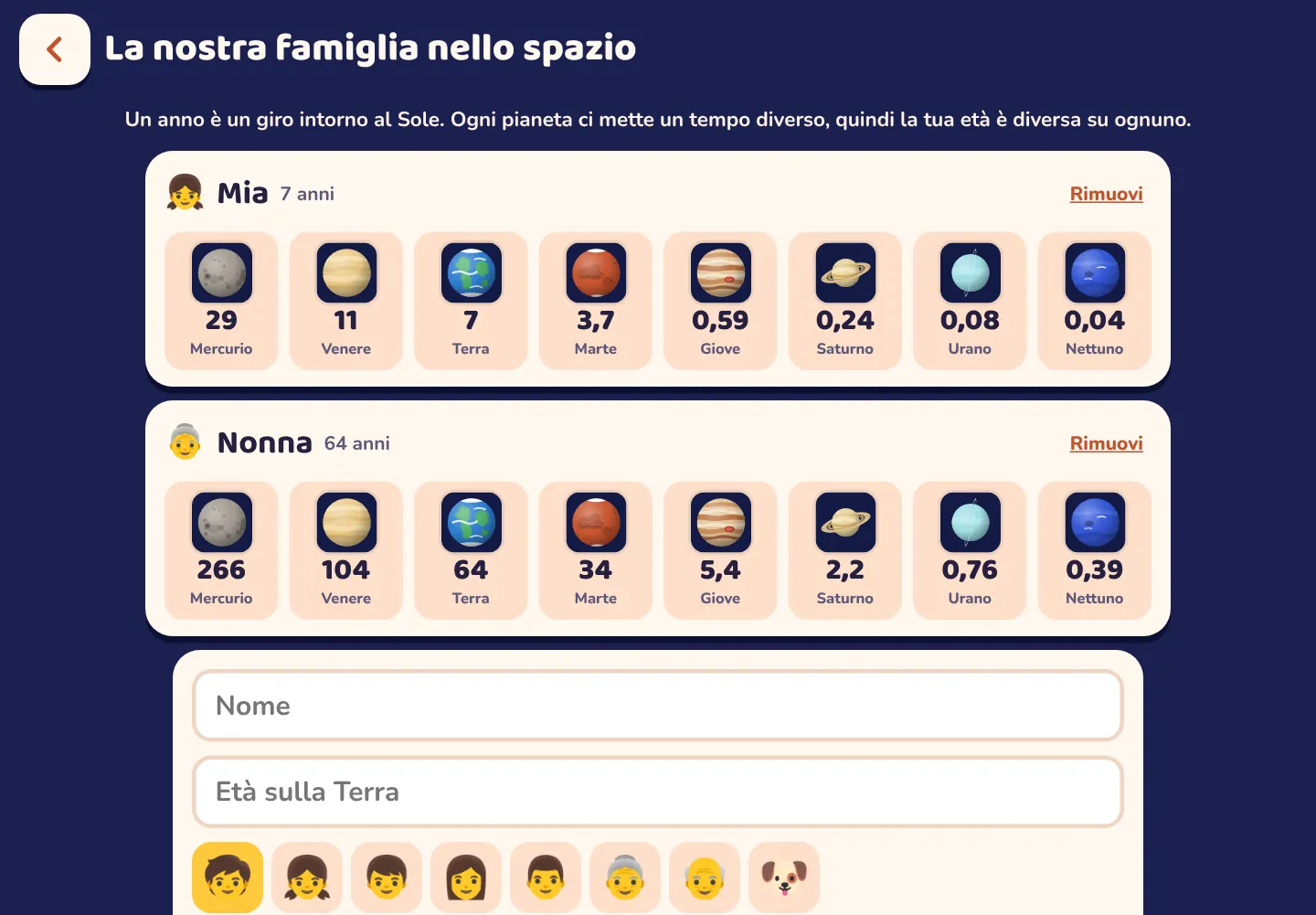Screenshot dell'app Space Wiki: Quanti anni avresti su Marte?