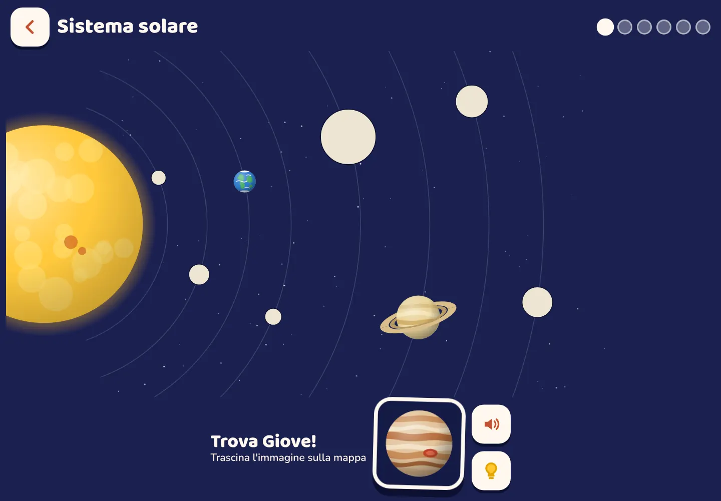 L'app Space Wiki: la mappa del Sistema solare completata a metà, con Giove che aspetta di essere trascinato.