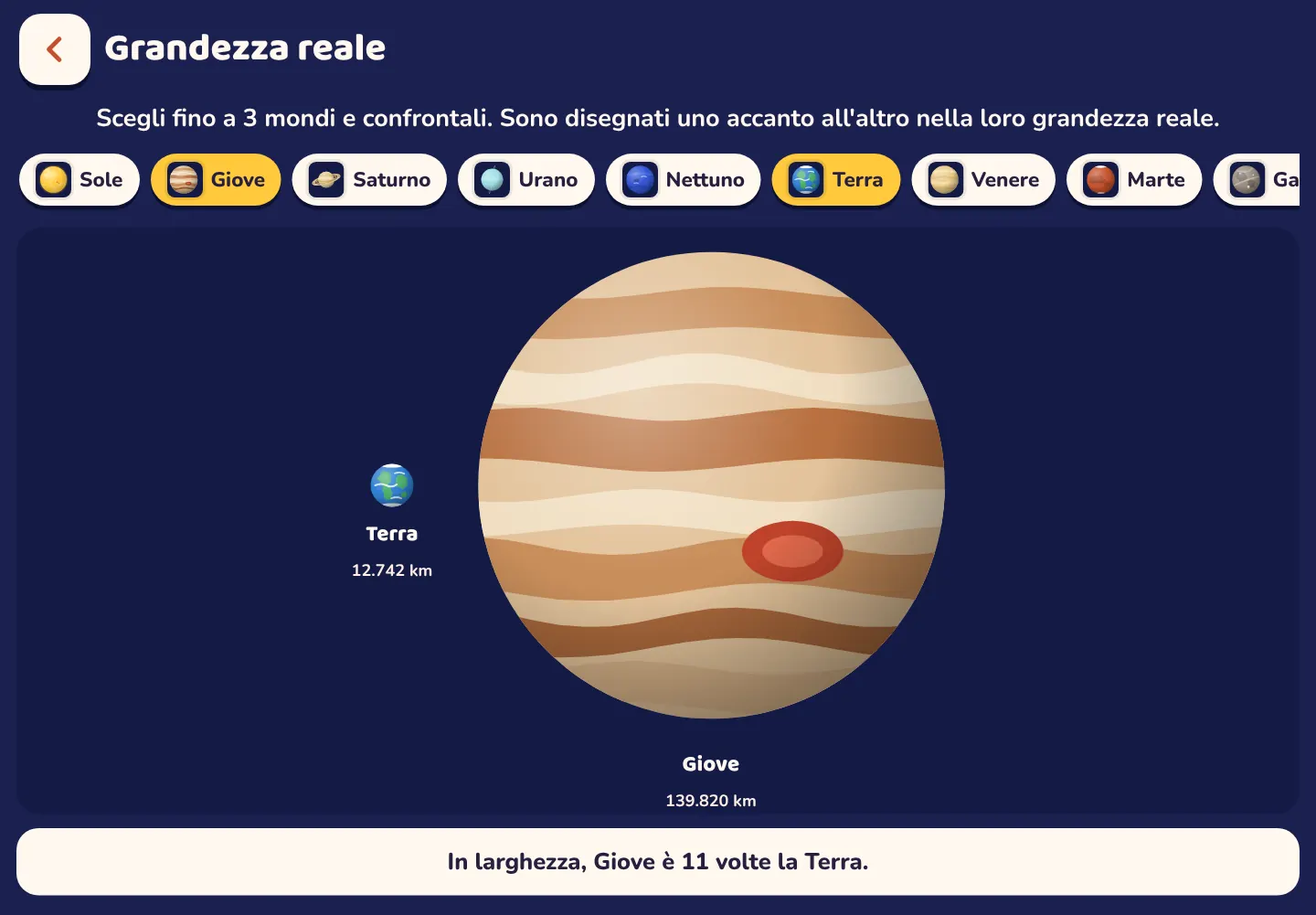 Screenshot dell'app Space Wiki: Giove è 11 volte più largo della Terra
