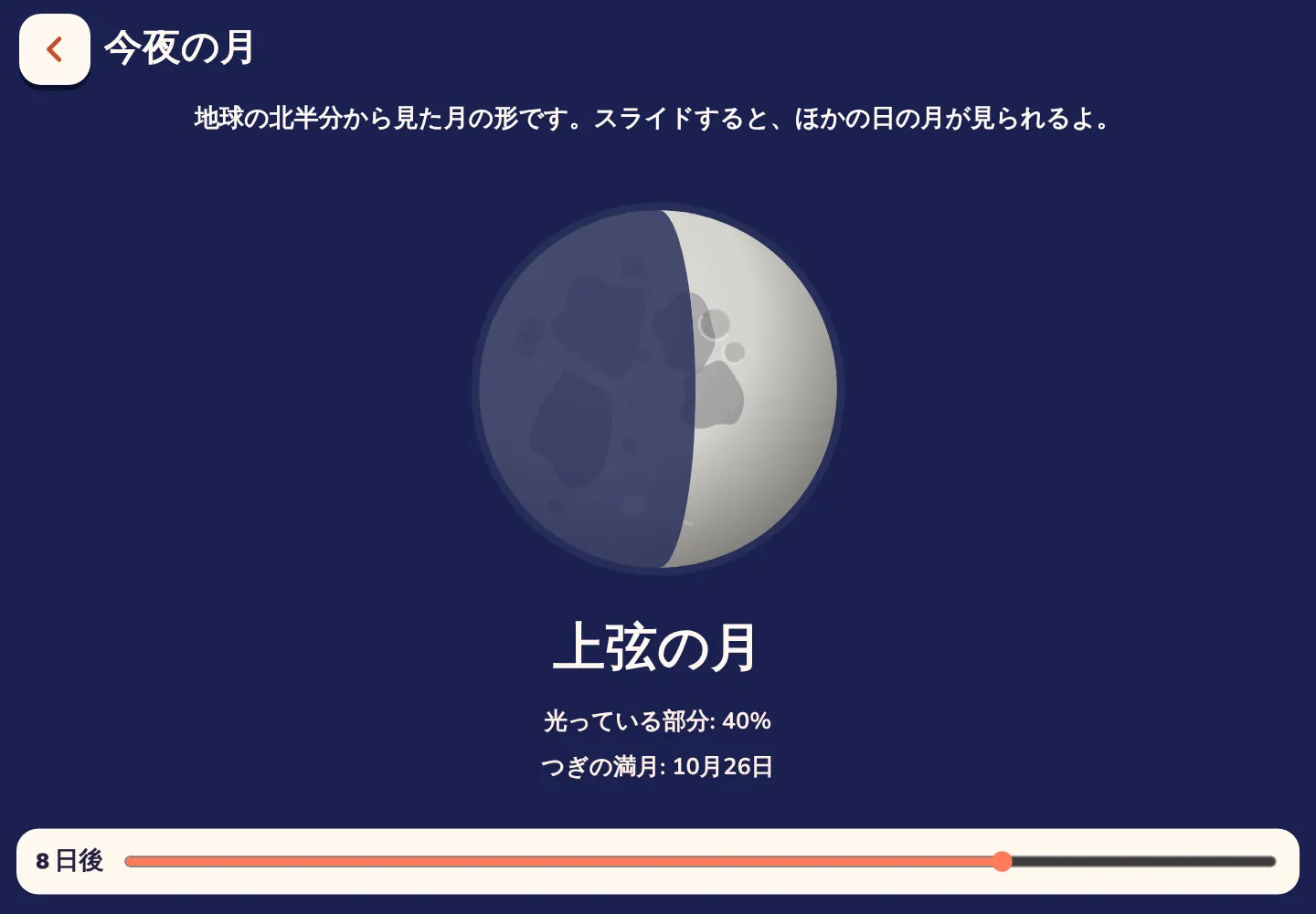 Space Wikiアプリのスクリーンショット: 今夜の月の形