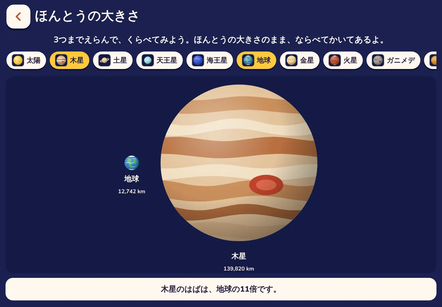 Space Wikiアプリのスクリーンショット: 木星の直径は地球の11倍