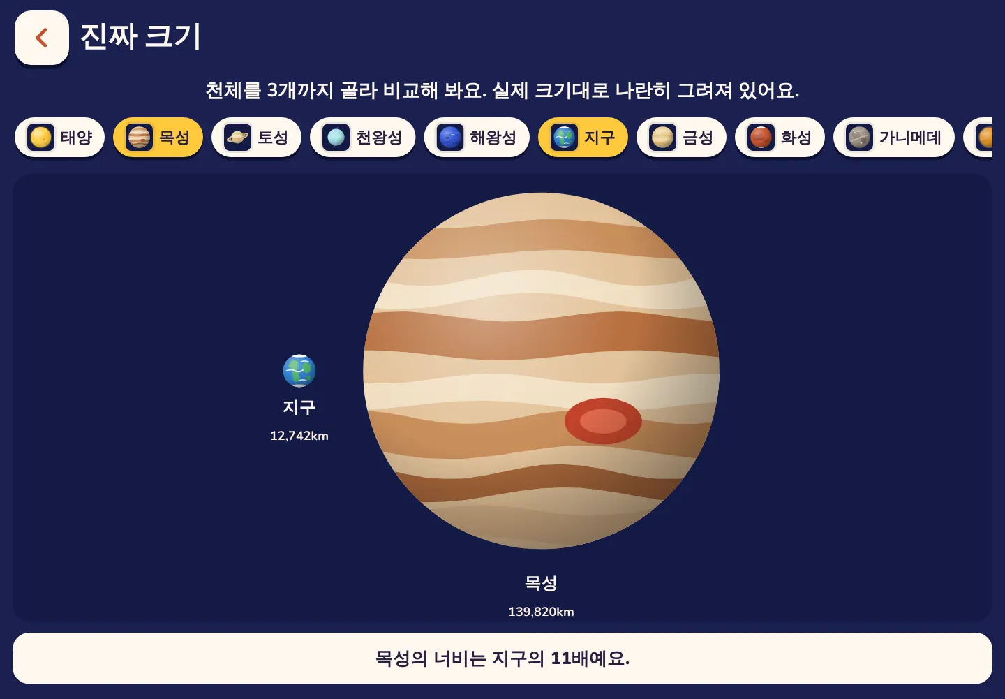 Space Wiki 앱 화면: 목성의 너비는 지구의 11배