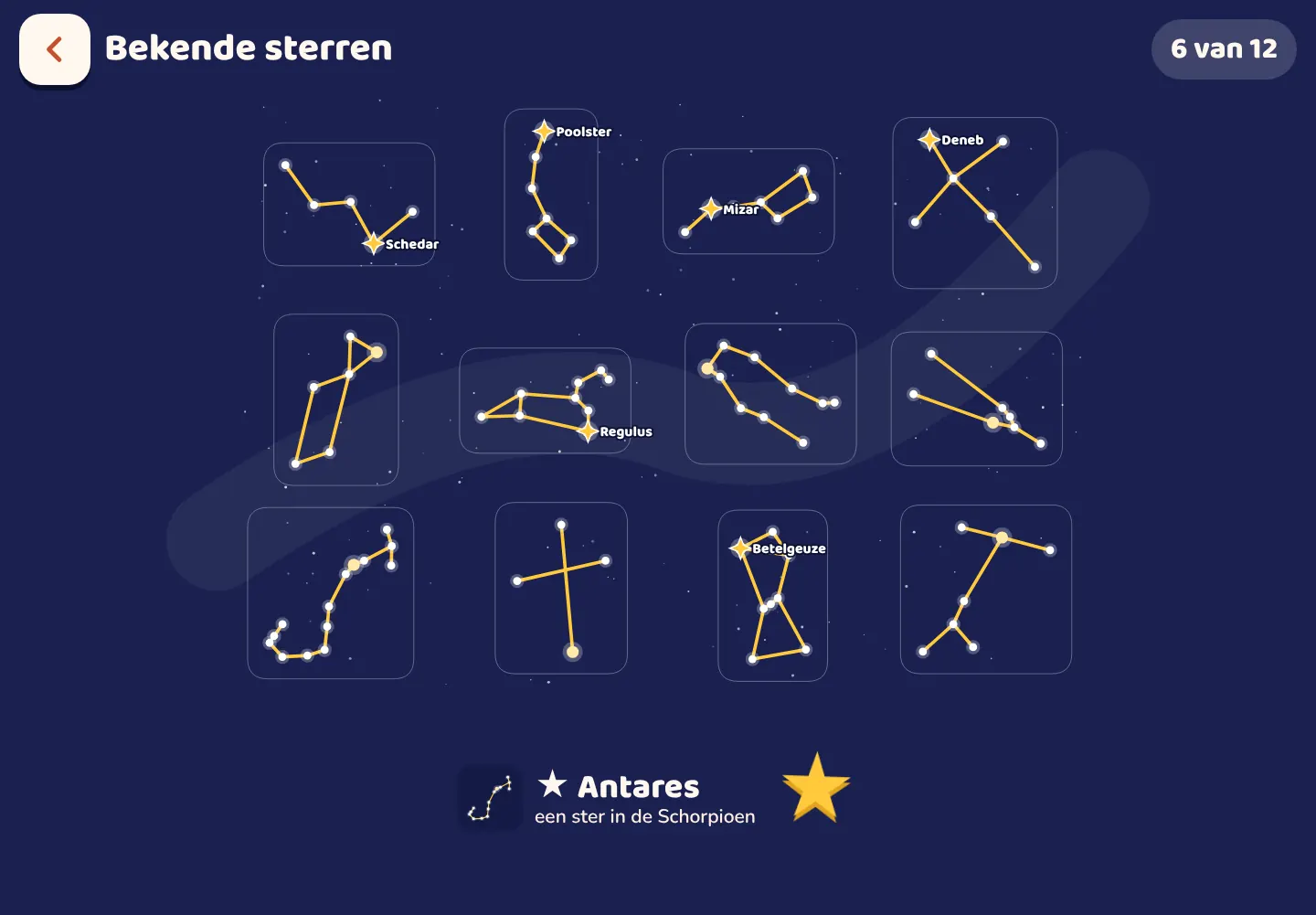 Schermafbeelding van de Space Wiki-app: Vind de bekende sterren