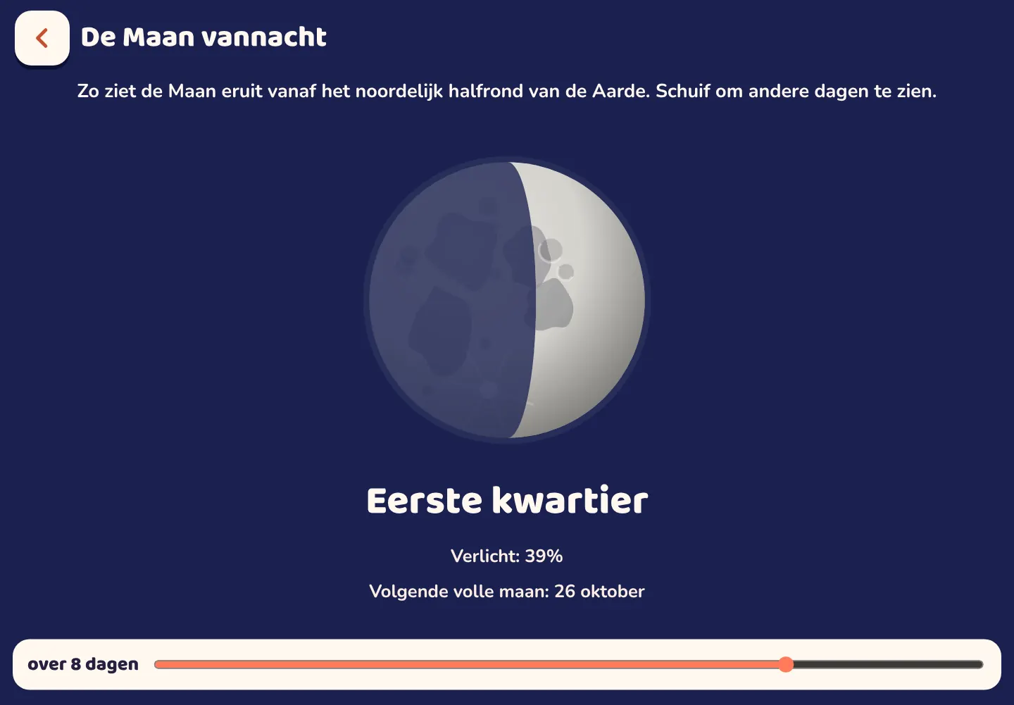 Schermafbeelding van de Space Wiki-app: Zo ziet de Maan er vannacht uit