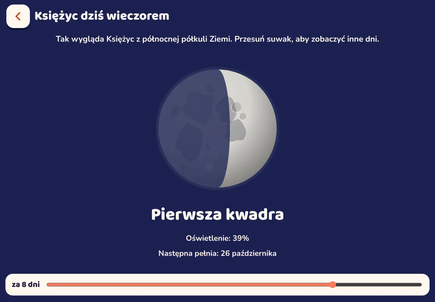 Zrzut ekranu z aplikacji Space Wiki: Jak wygląda Księżyc dziś wieczorem
