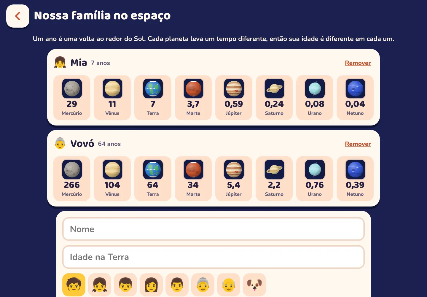 Captura de tela do app Space Wiki: Quantos anos você teria em Marte?
