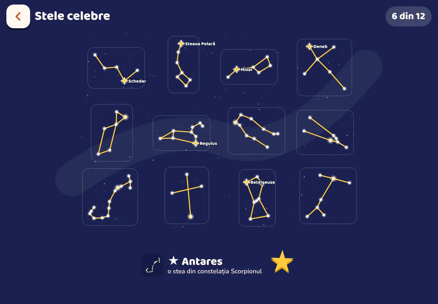 Captură de ecran din aplicația Space Wiki: Găsește stelele celebre