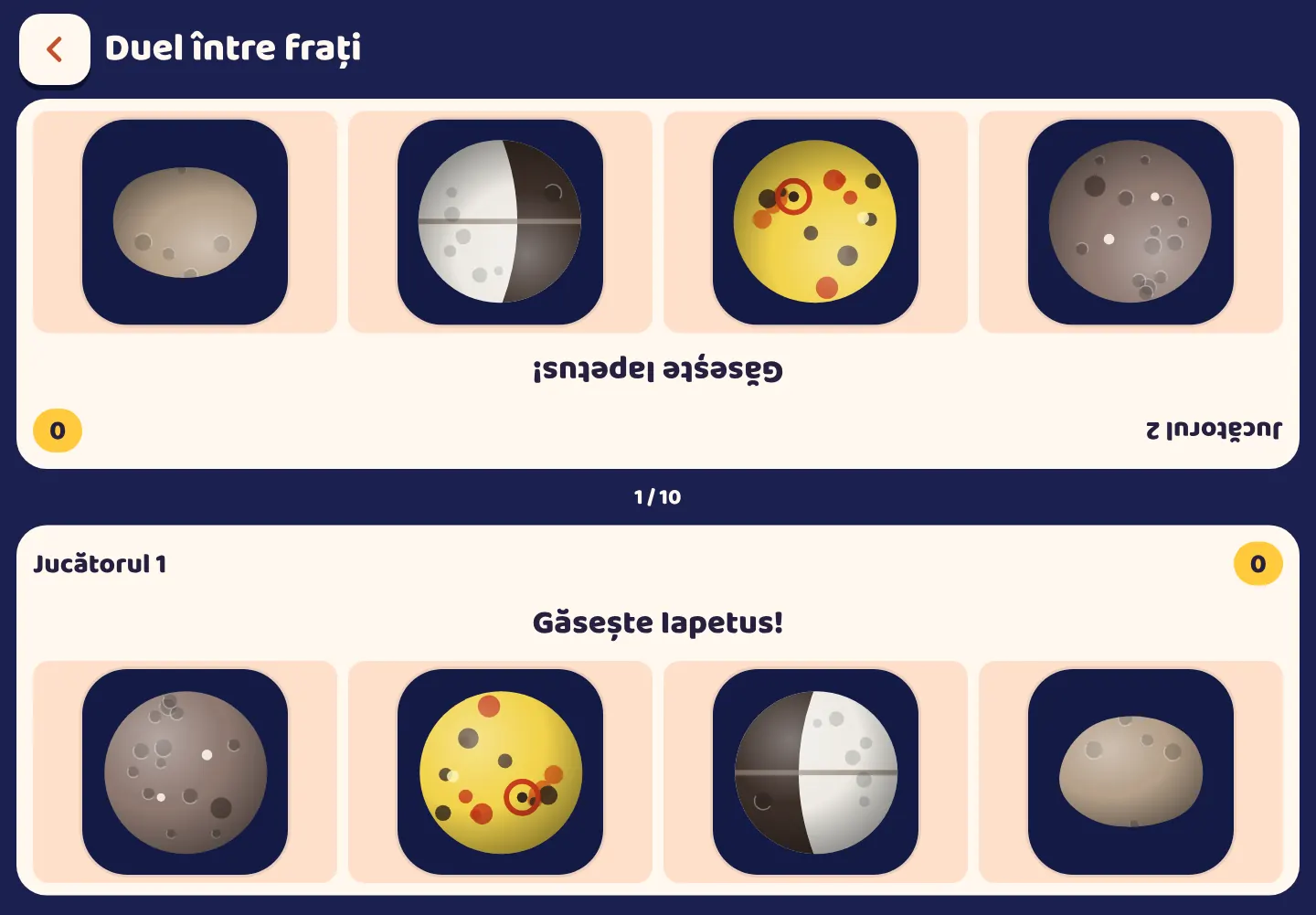 Captură de ecran din aplicația Space Wiki: Doi jucători, o tabletă