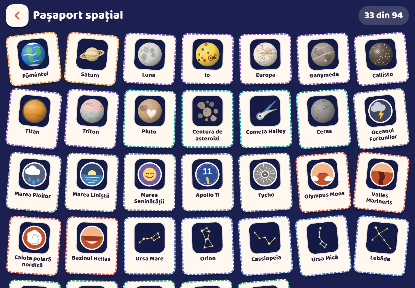 Captură de ecran din aplicația Space Wiki: O ștampilă pentru tot ce găsești