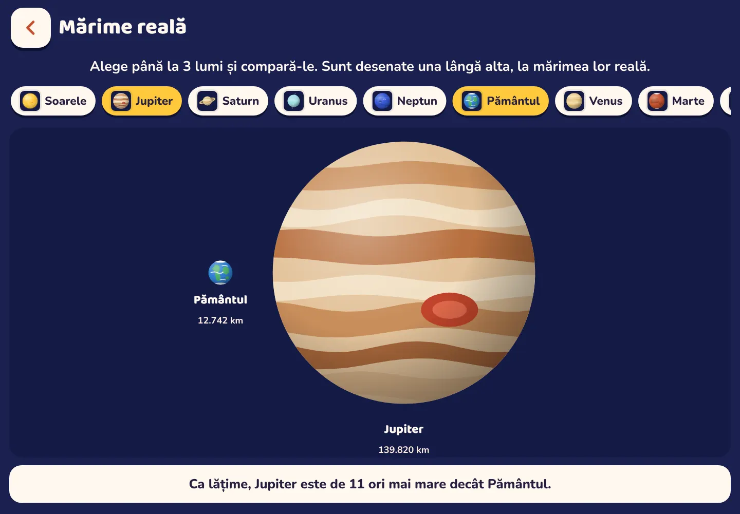 Captură de ecran din aplicația Space Wiki: Jupiter e de 11 ori mai lat decât Pământul
