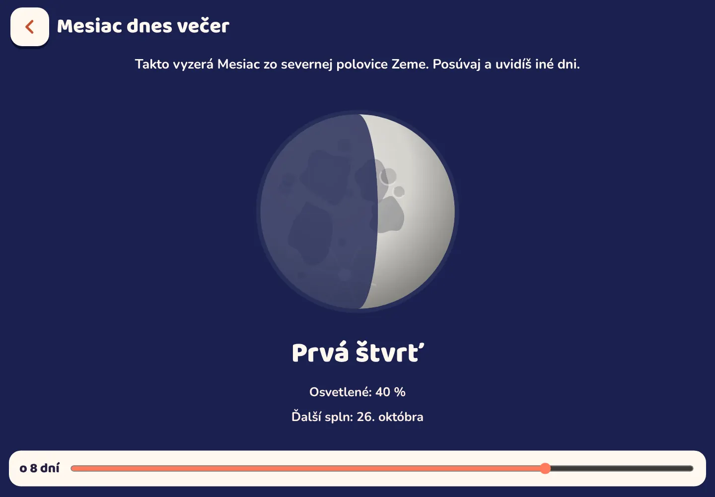 Snímka obrazovky aplikácie Space Wiki: Ako vyzerá Mesiac dnes večer