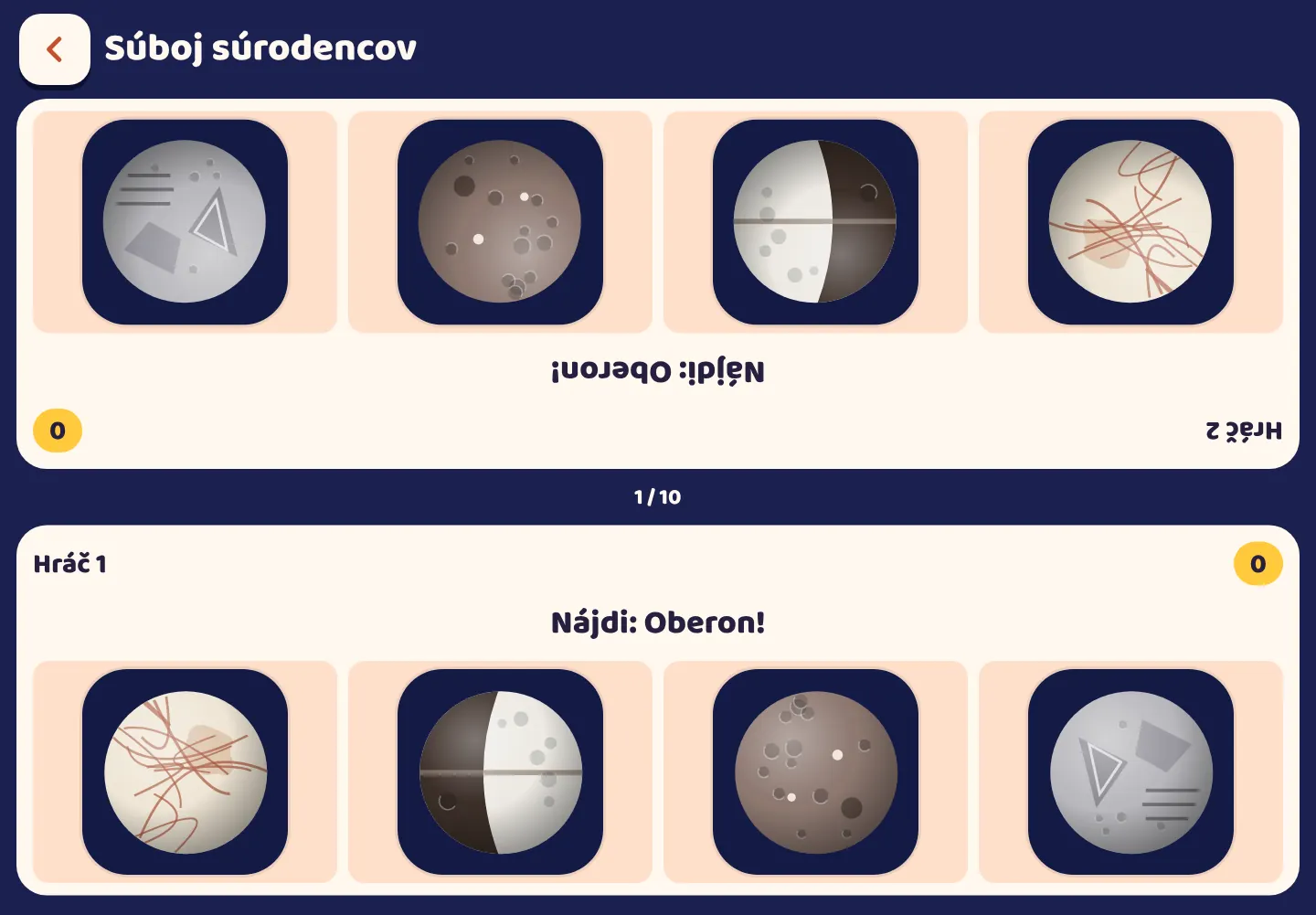 Snímka obrazovky aplikácie Space Wiki: Dvaja hráči, jeden tablet