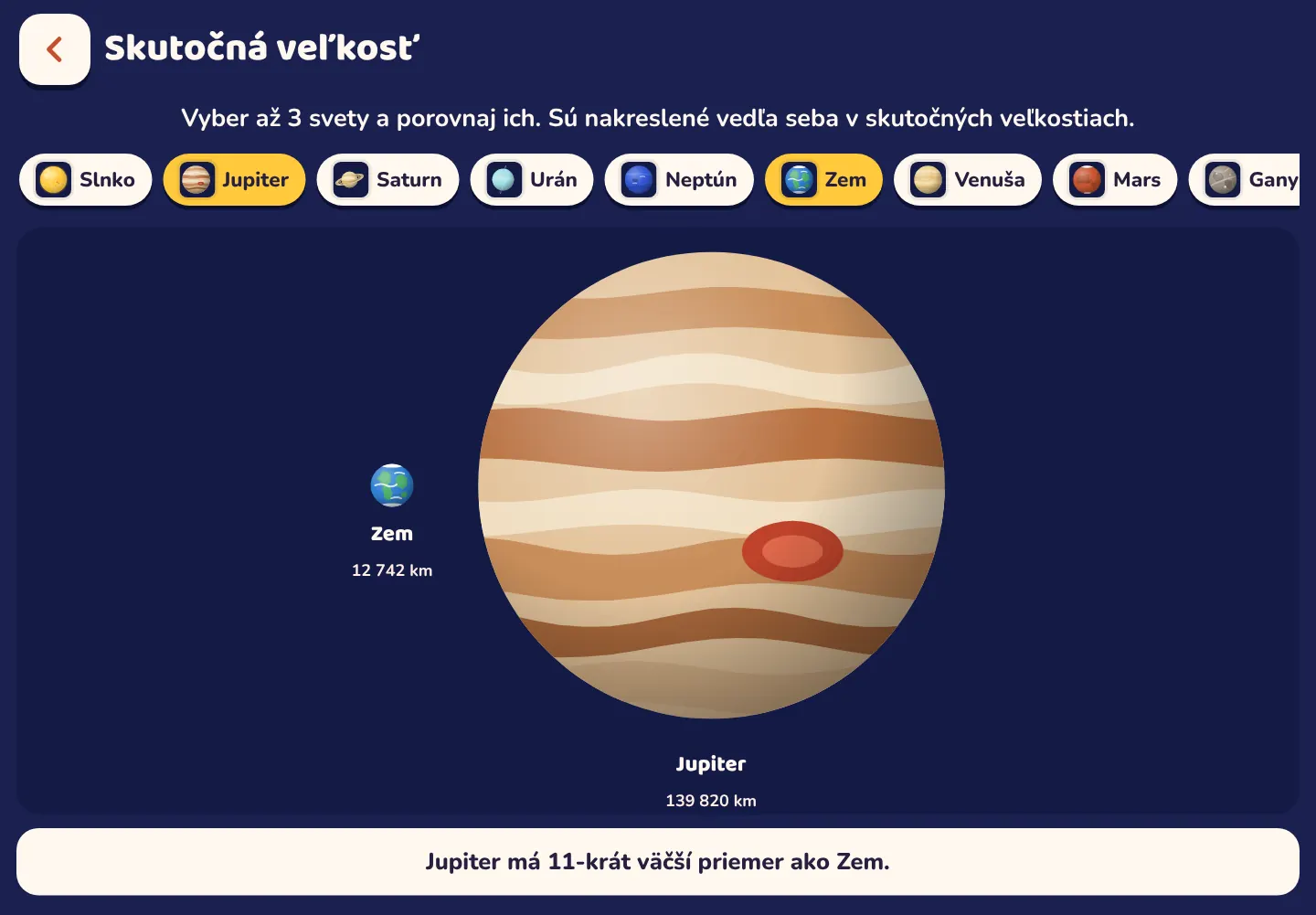 Snímka obrazovky aplikácie Space Wiki: Jupiter je 11-krát širší ako Zem