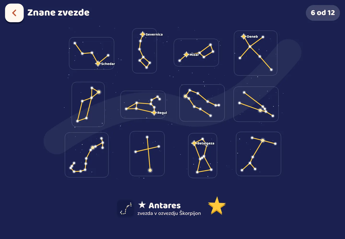 Posnetek zaslona aplikacije Space Wiki: Poišči znane zvezde