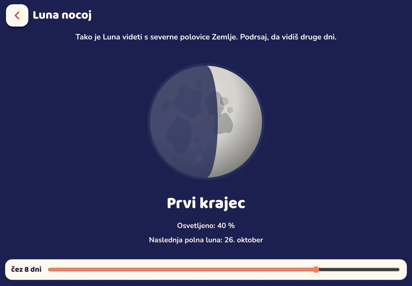 Posnetek zaslona aplikacije Space Wiki: Kakšna je Luna nocoj