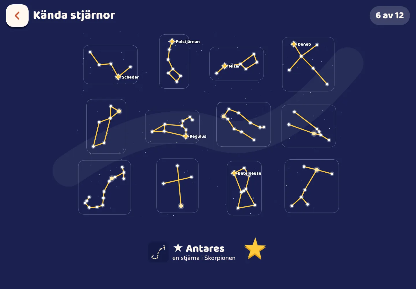 Skärmbild från appen Space Wiki: Hitta de kända stjärnorna