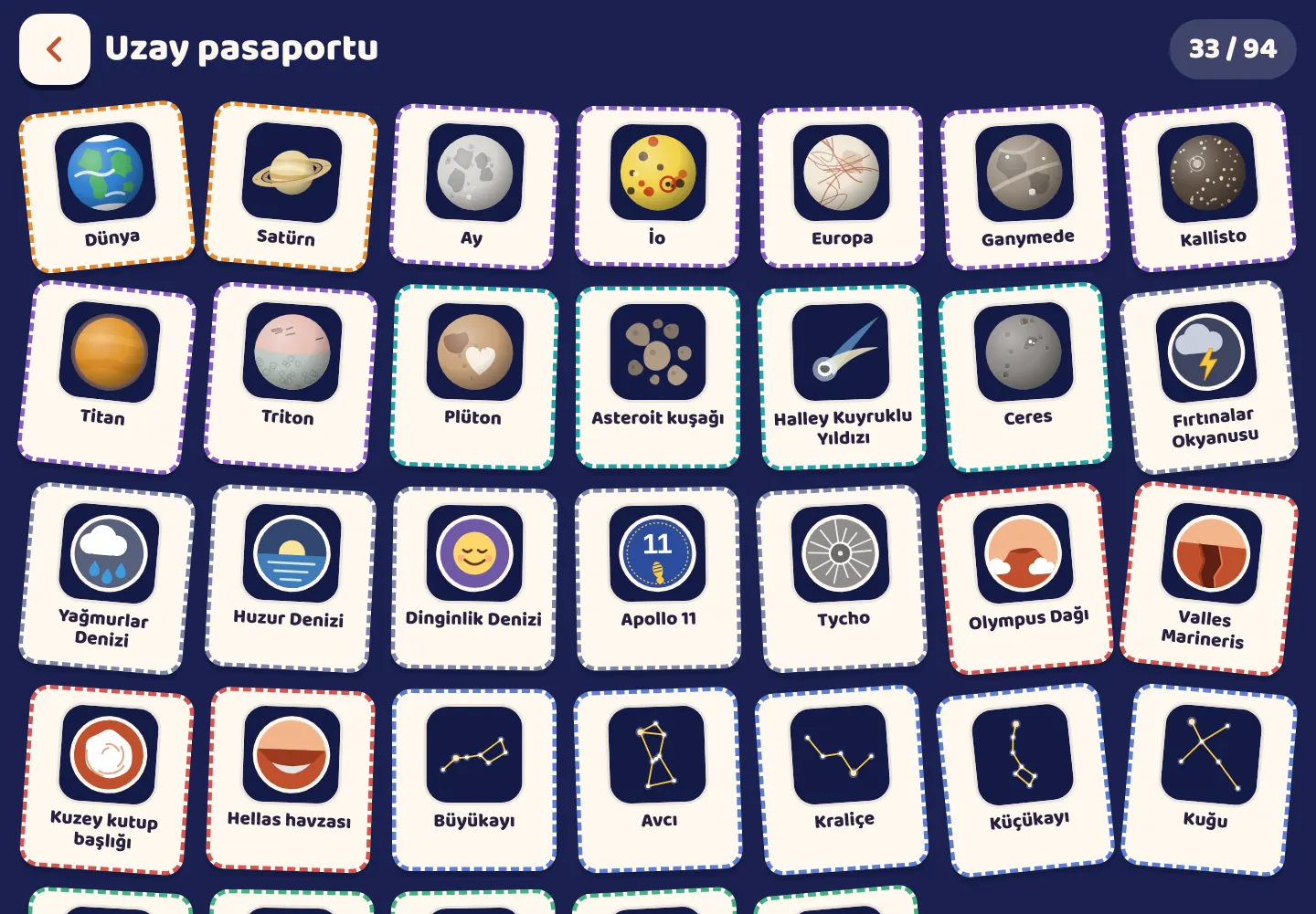 Space Wiki uygulamasından ekran görüntüsü: Bulduğun her şey için bir damga