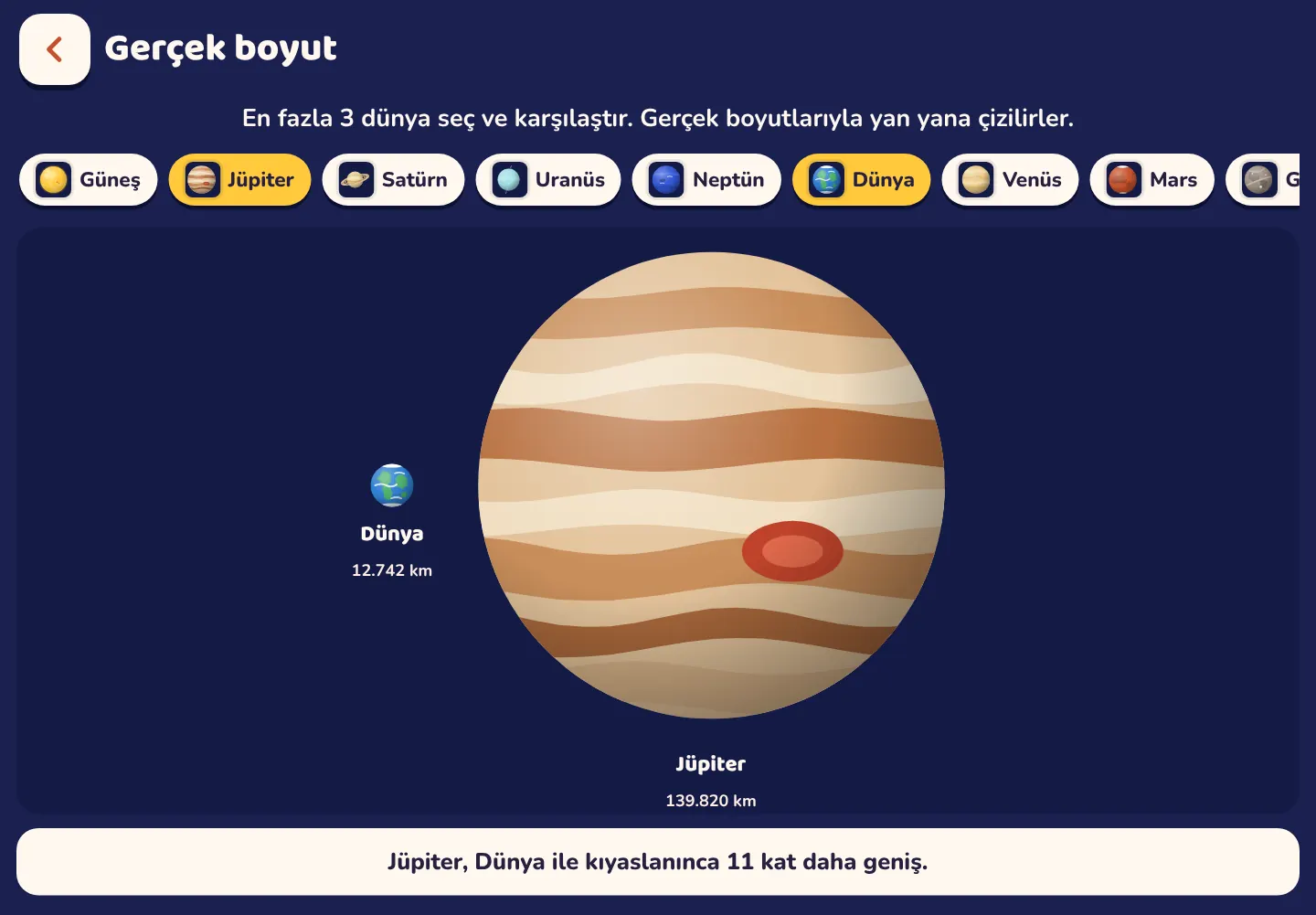 Space Wiki uygulamasından ekran görüntüsü: Jüpiter, Dünya'dan 11 kat daha geniş